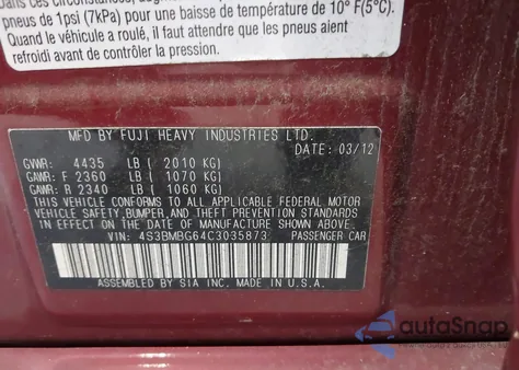 2012 Subaru Legacy 2.5I Premium z USA, uszkodzony, nr VIN 4S3BMBG64C3035873